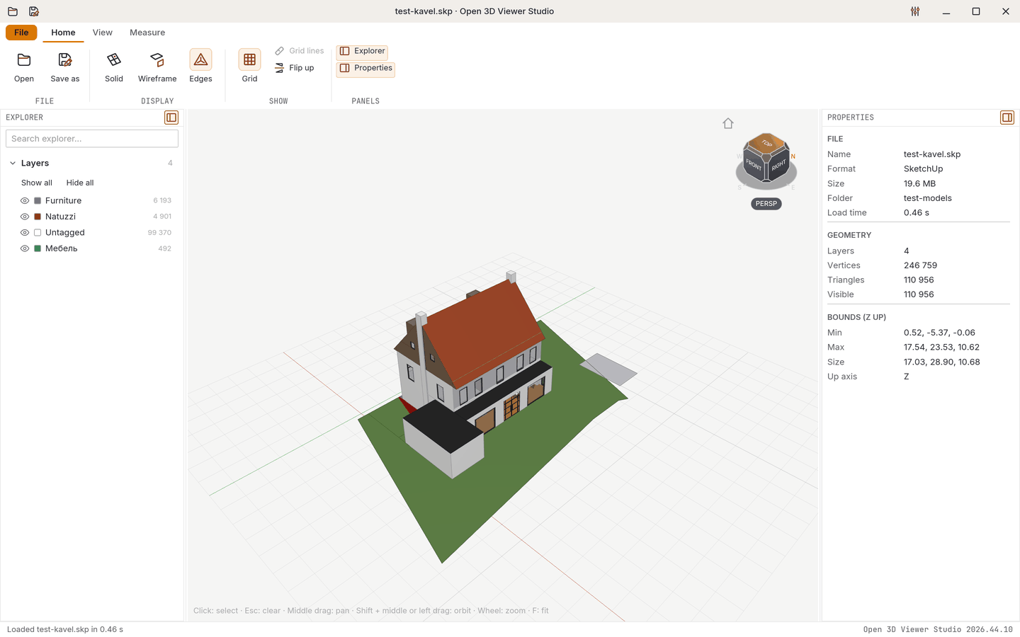 Open 3D Viewer Studio met een SketchUp-model van een woning op zijn kavel