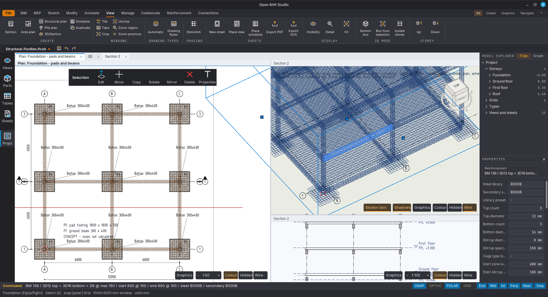 Open BIM Studio met het funderingsplan van een paviljoen en de wapening in 3D
