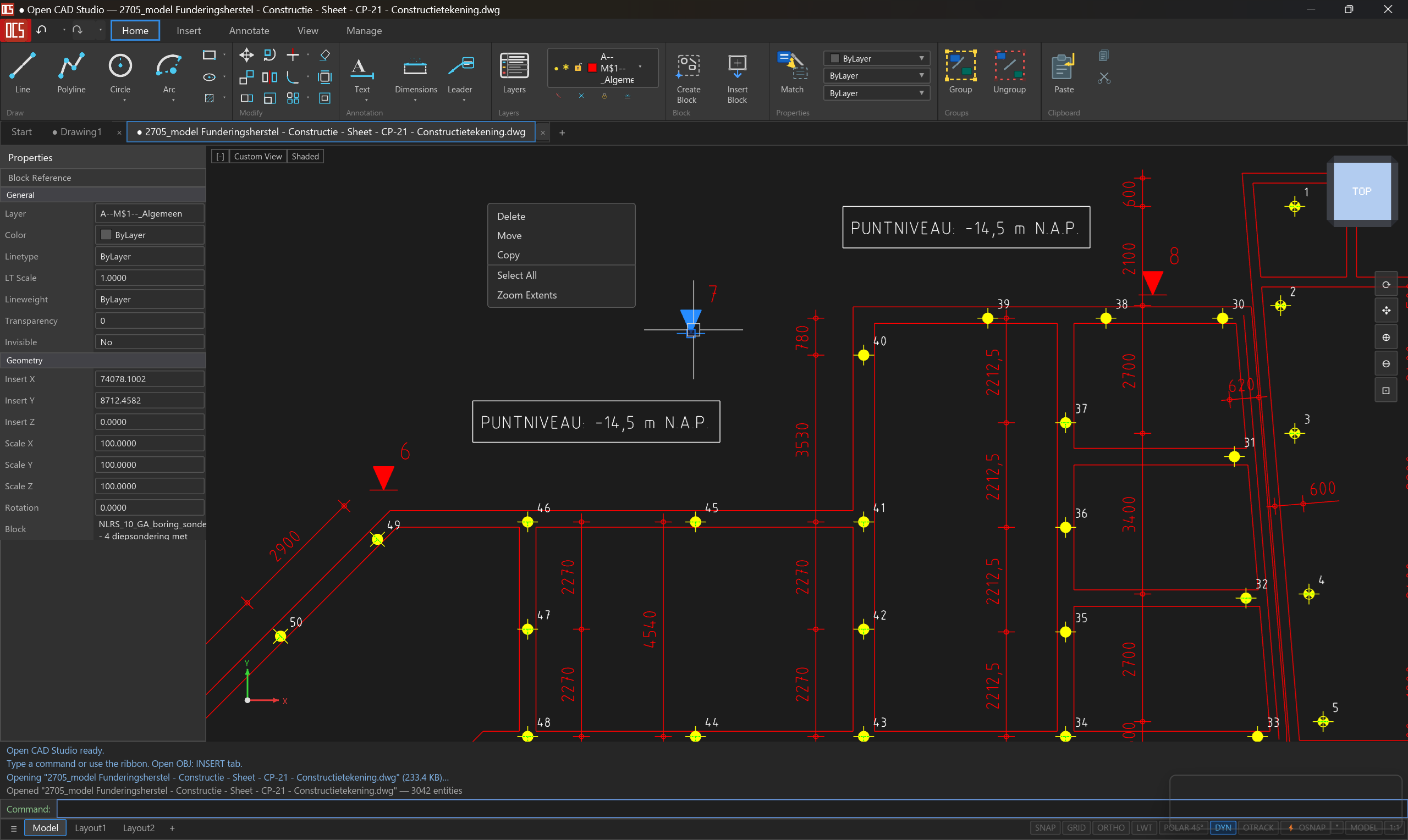 Open CAD Studio — Constructietekening van een funderingsherstel (CP 21) met sondering-aanduidingen op NAP-niveau