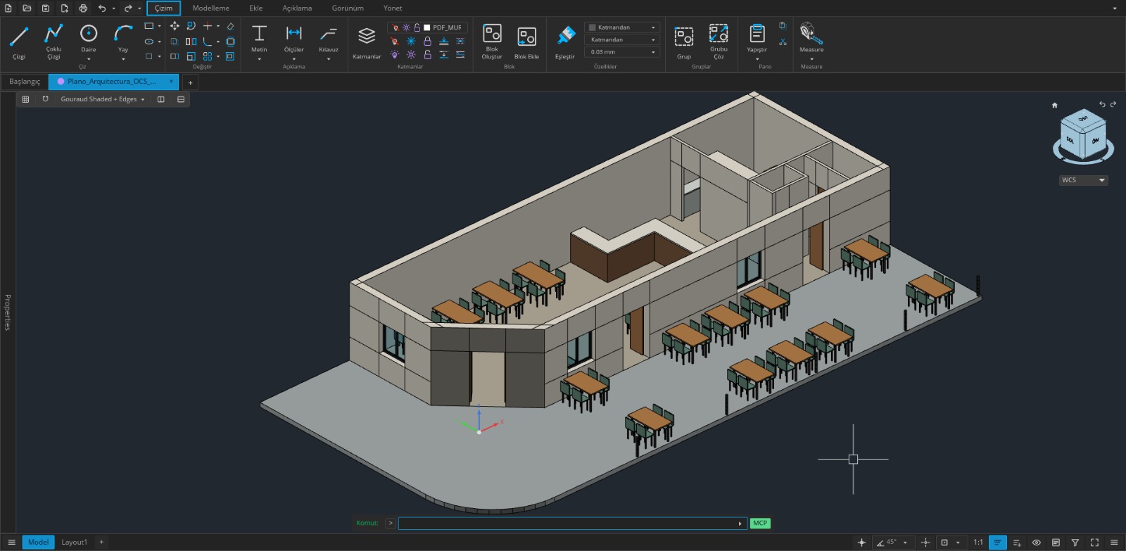 Open CAD Studio — 3D shaded gebouwmodel (Gouraud shaded met randen), inclusief interieur en meubilair