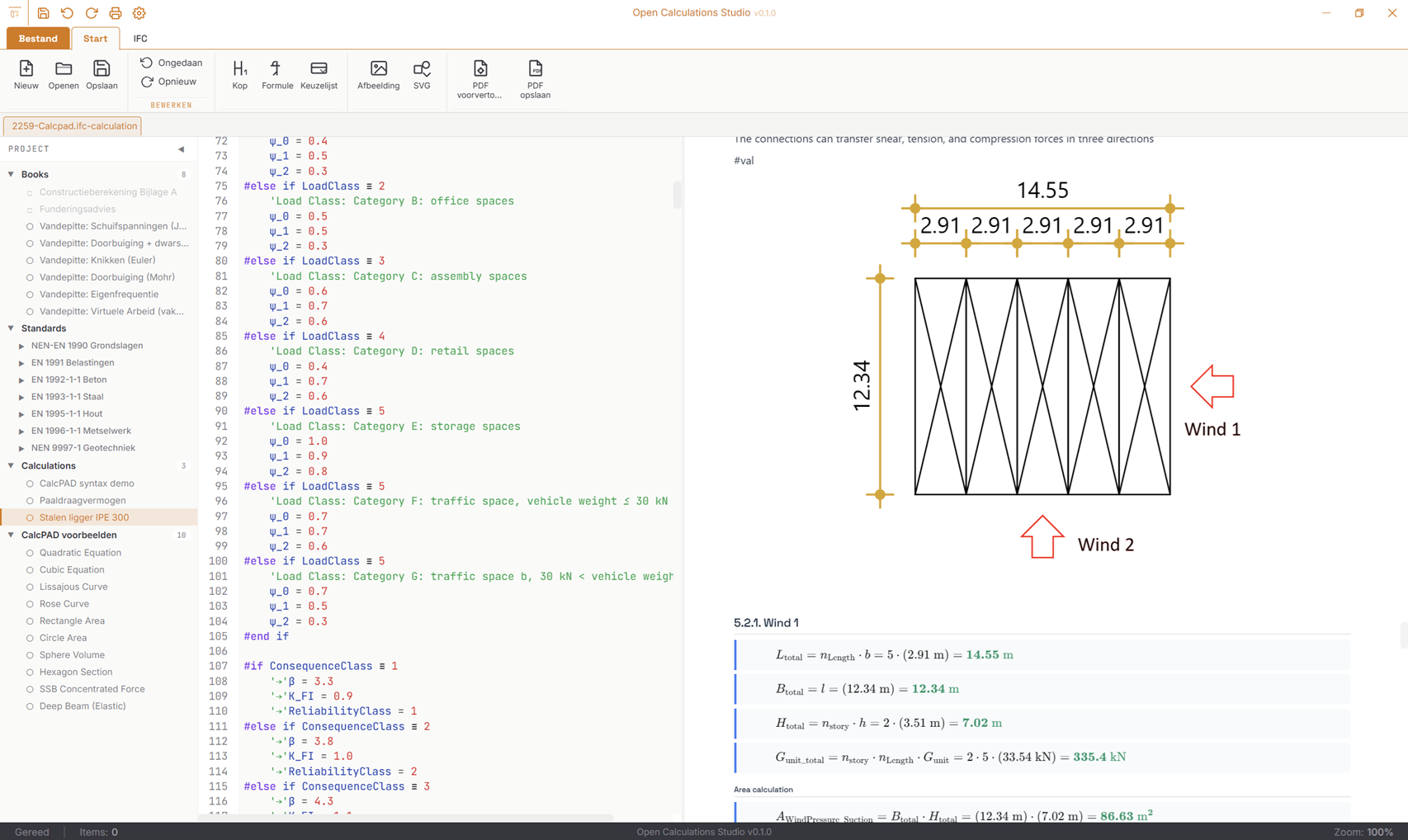 Open Calculations Studio - CalcPAD-syntax editor met live preview, wind-belastingberekening en SVG-tekening