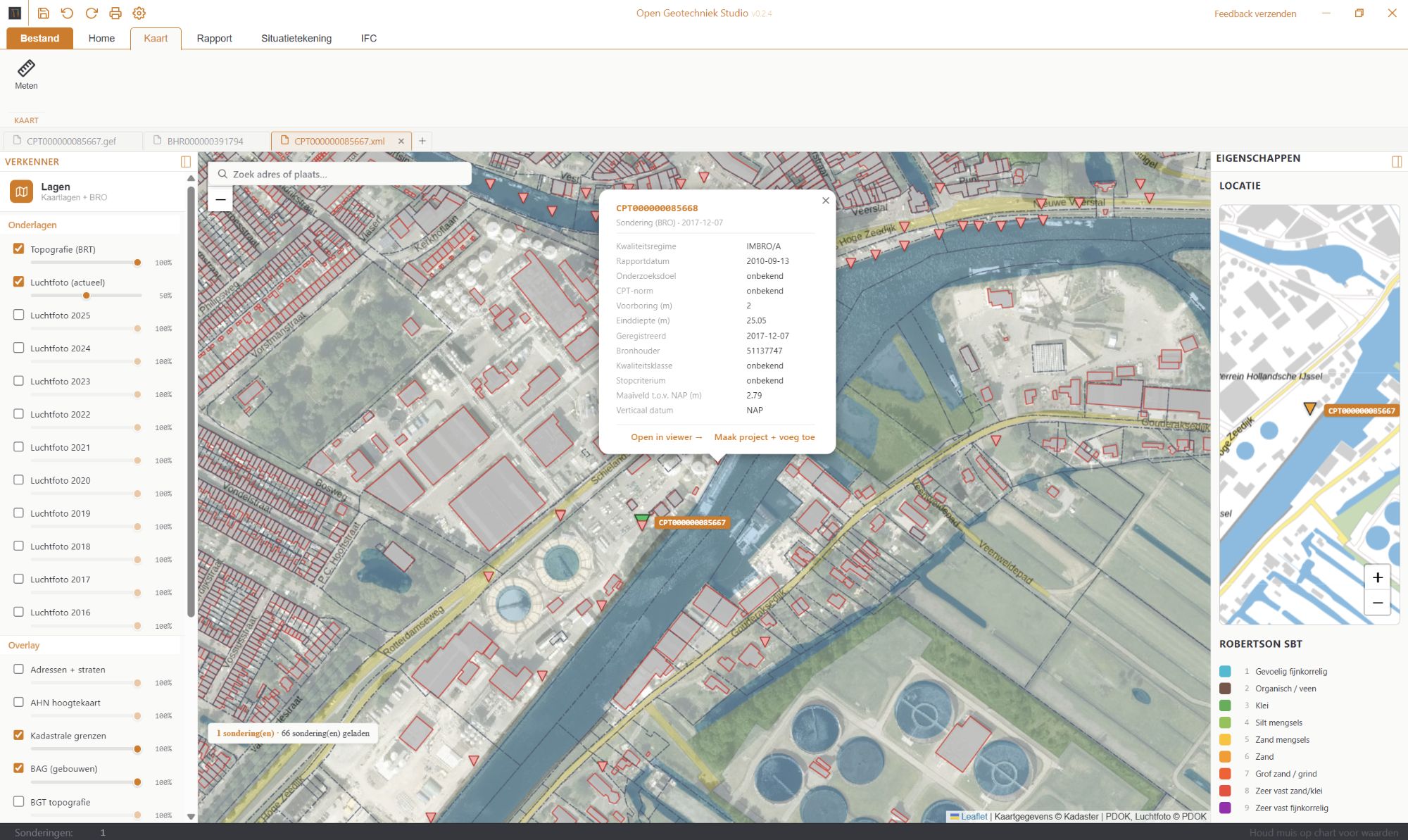 Open Geotechniek Studio - Kaart-view met 66 sonderingen uit BRO op Kadaster luchtfoto