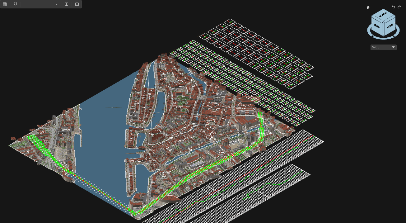 De binnenstad van Dordrecht in 3D: AHN-terrein met de luchtfoto, de BGT in 3D en 3D BAG-gebouwen, met een rondweg en een dijk als corridors en hun dwarsprofielen