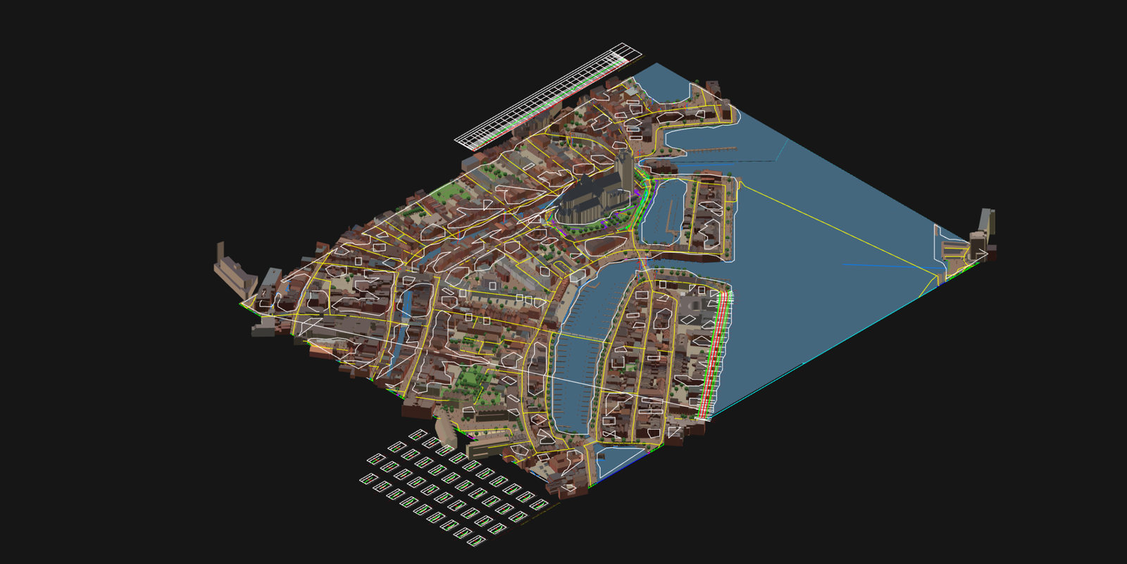 Het 3D-model vanuit het noordoosten, met de Grote Kerk, de havens en de gebouwen uit de 3D BAG