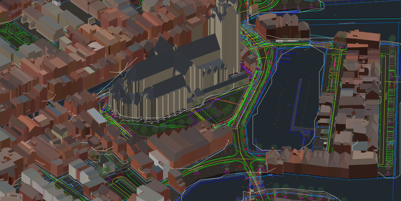Kabels, leidingen en putten rond de Grote Kerk, tussen de gebouwen uit de 3D BAG