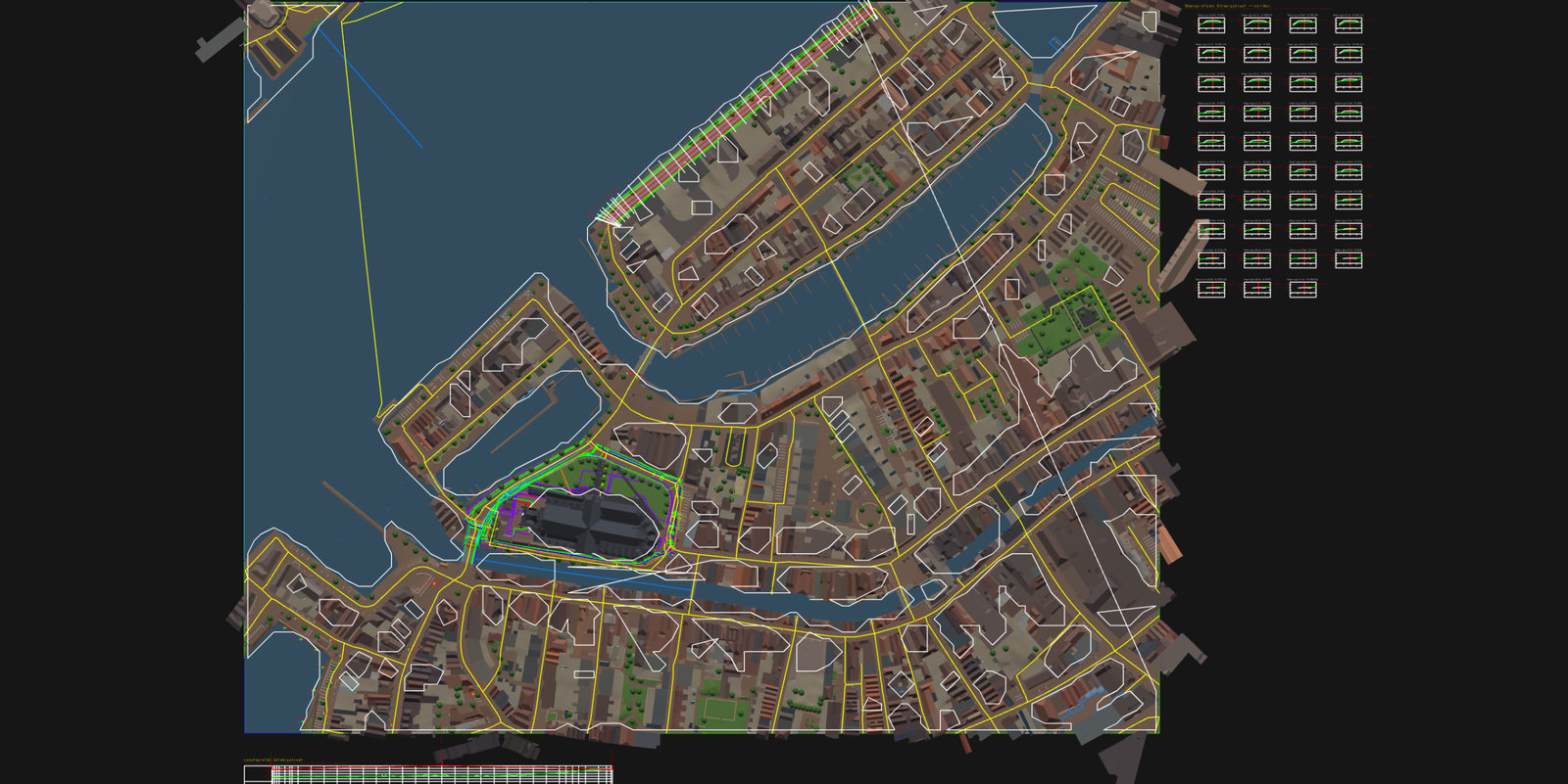 De plattegrond van boven: BGT, kadaster en kabels en leidingen over het 3D-model, met rechts de dwarsprofielen en onderaan het lengteprofiel van het straatontwerp