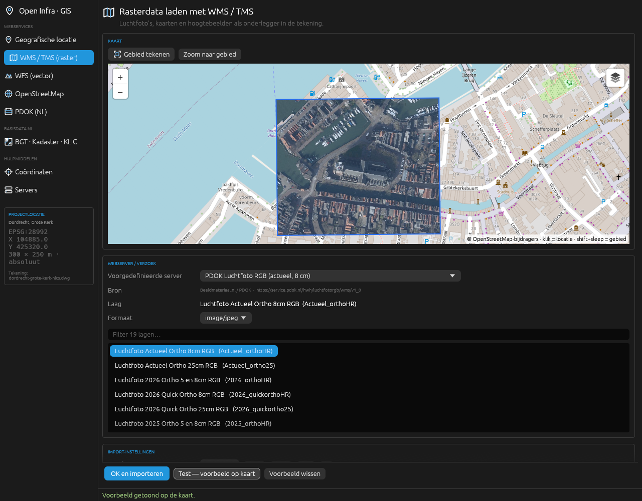 Het werkvenster WMS / TMS met de PDOK-luchtfoto van 8 cm als voorvertoning boven de binnenstad van Dordrecht