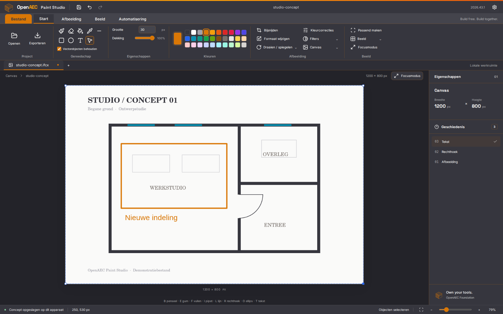 Open Paint Studio - Donker Forge-thema met alle objecten geselecteerd