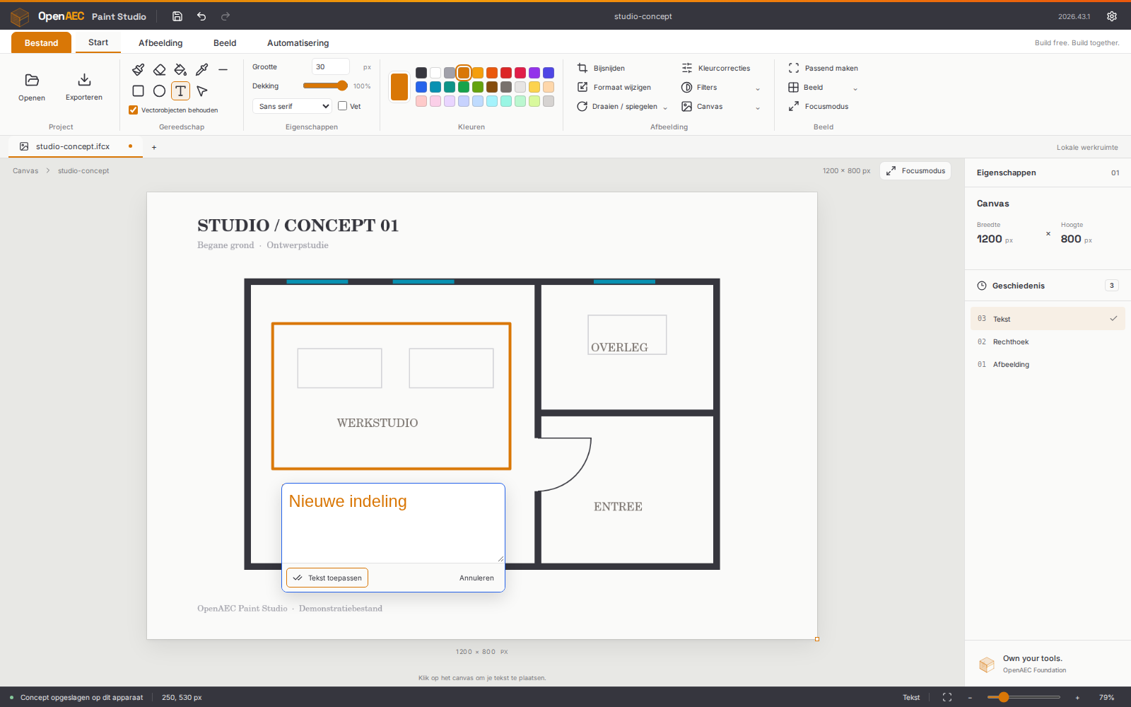 Open Paint Studio - Tekst direct op het canvas bewerken met lettertype en grootte