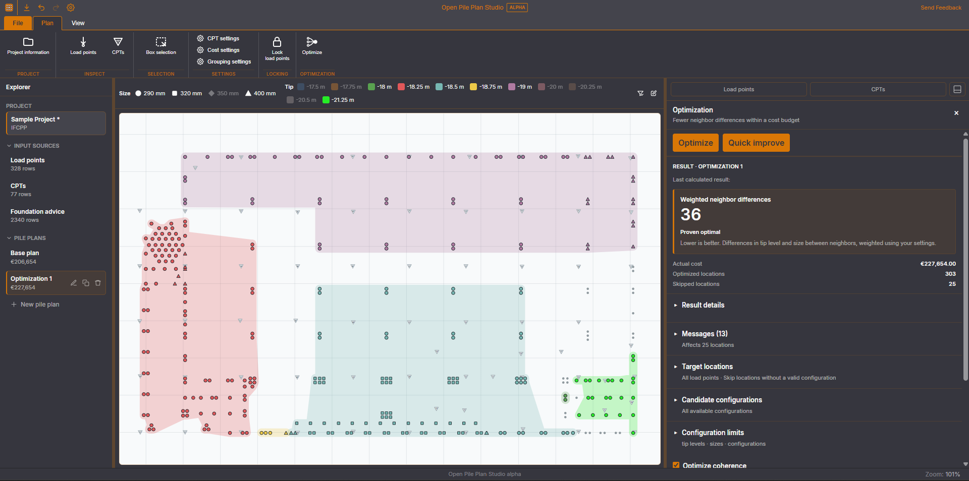 Open Pile Plan Studio — optimalisatieresultaat en configuratie-instellingen