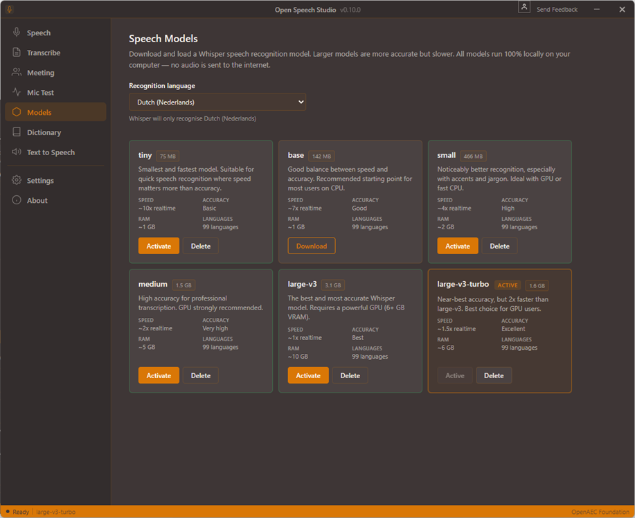 Open Speech Studio — Whisper-spraakmodellen beheren
