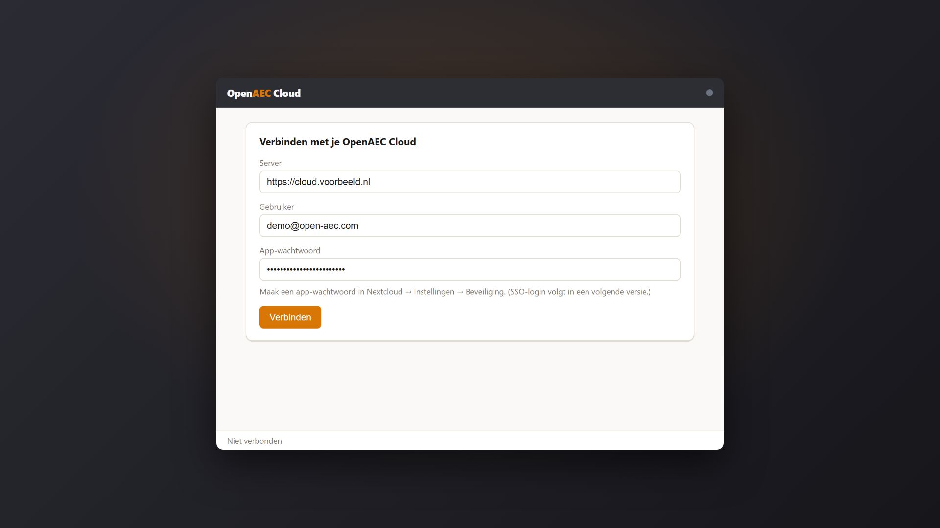 OpenAEC Cloud desktop - verbinden met je eigen Nextcloud