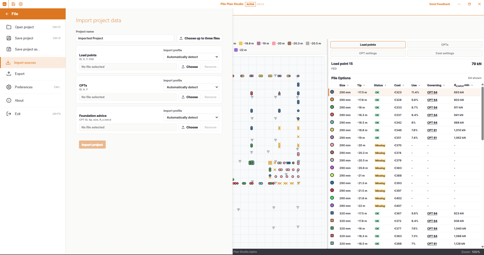 Pile Plan Studio - projectdata importeren met aparte bronrollen voor belastingen, sonderingen en funderingsadvies